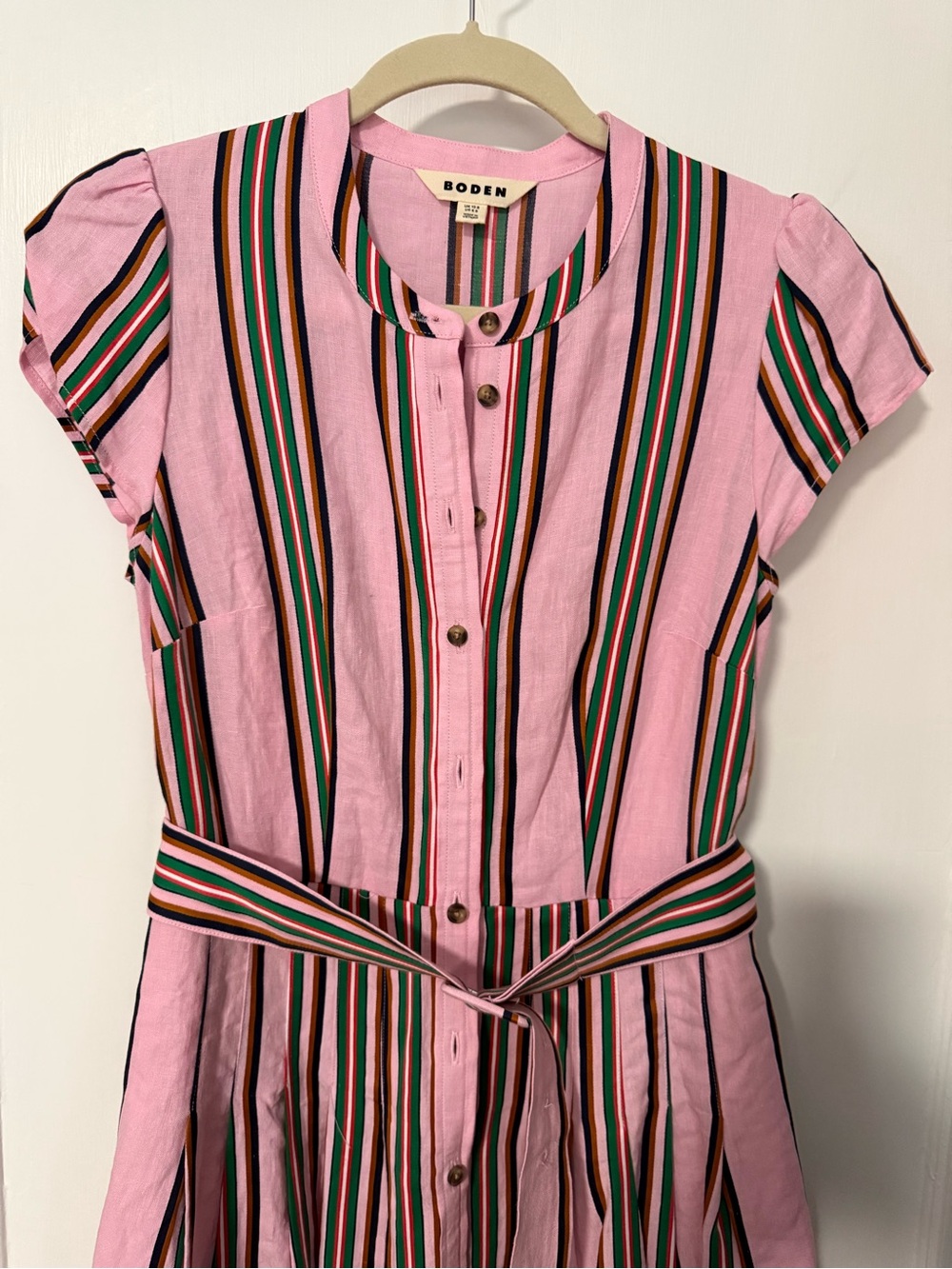 Boden Pink Striped Button Front Maxi Shirt Dress Linen Tie Belt Pockets EUC Sz 6 - Picture 3 of 7